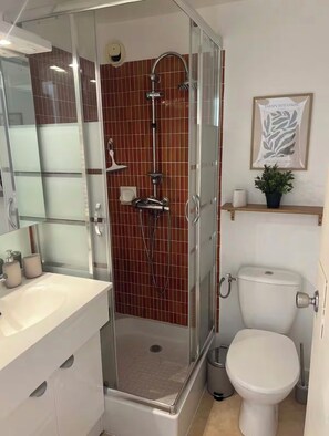 Shower, towels, toilet paper