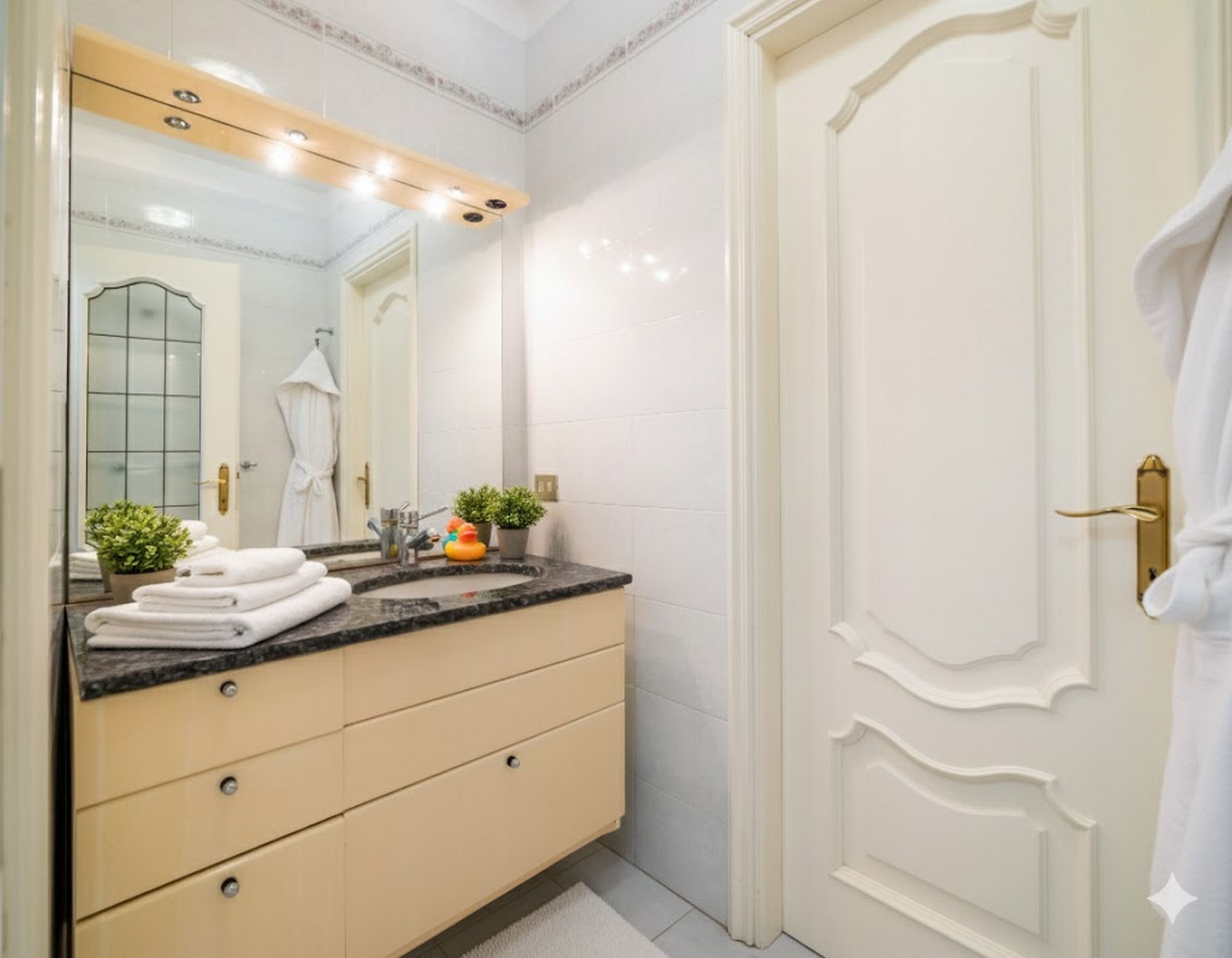 A bathroom with a vanity, a sink, a mirror, and a door.