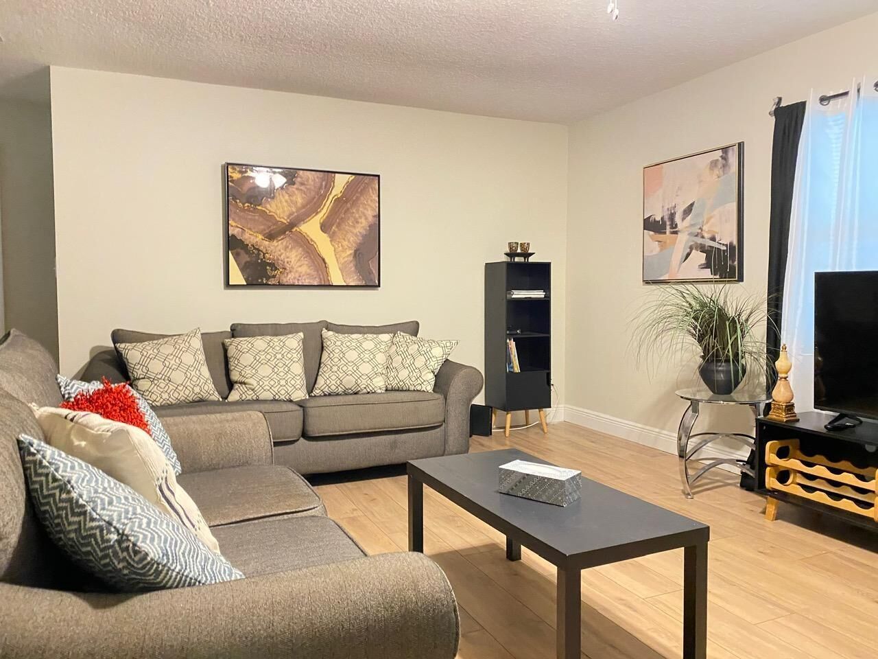 A living room with a sofa, a coffee table, a TV stand, and two paintings on the wall.