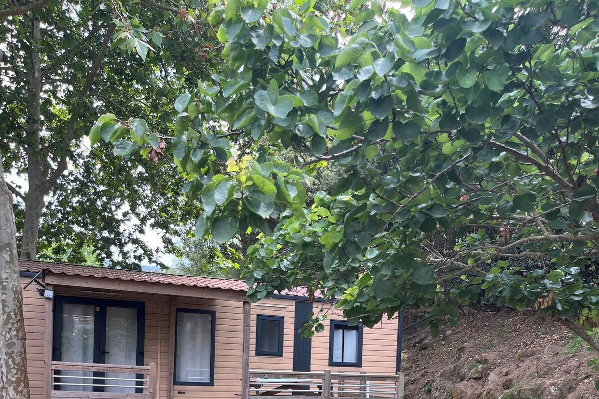 Une petite cabane en bois avec une véranda et une table dans la cour.