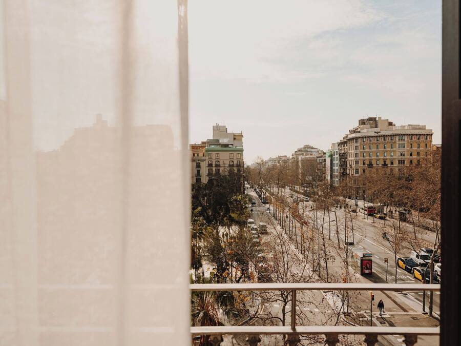 Paisatge urbà amb edificis, un carrer i un pas de vianants.