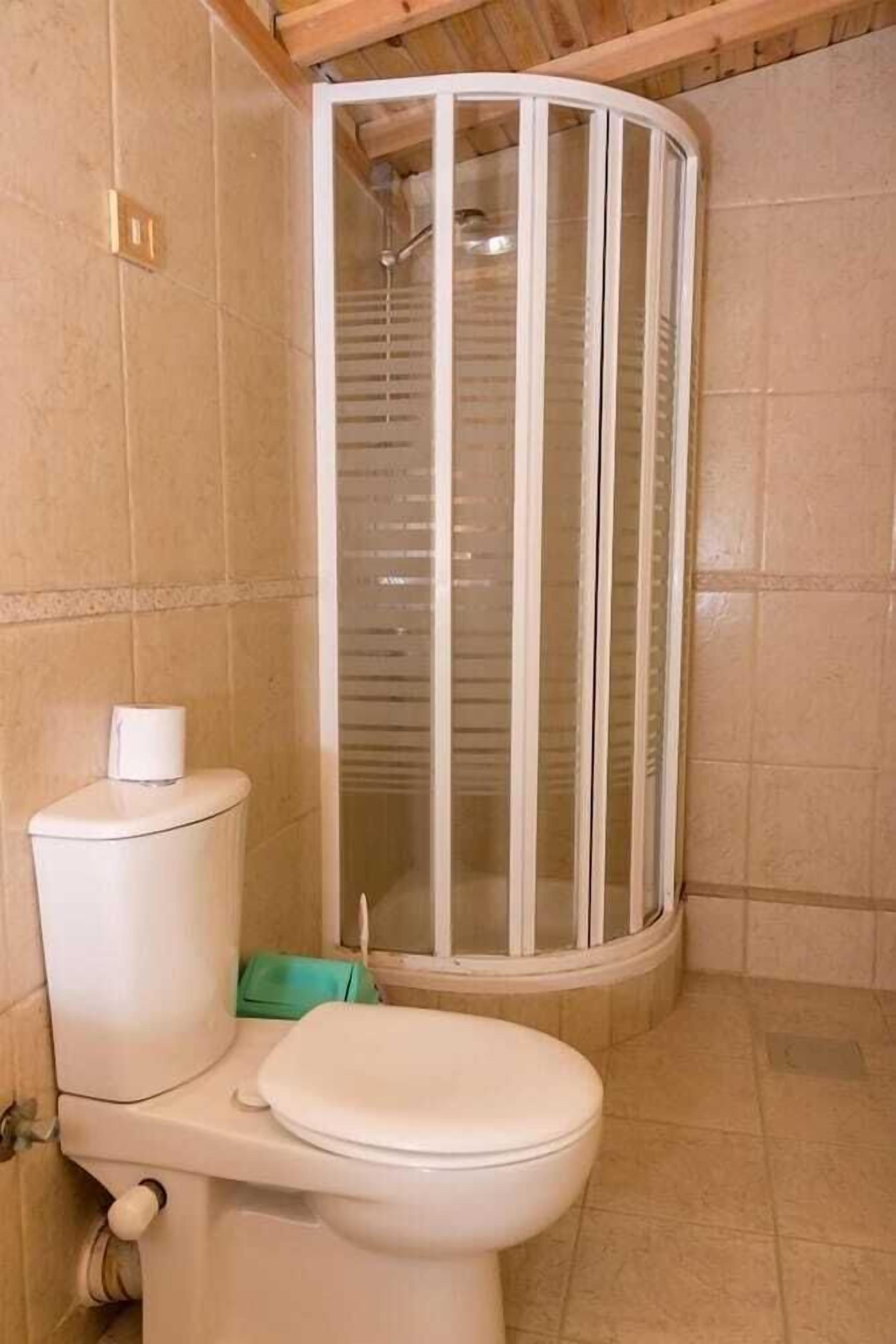 A bathroom with a toilet, a shower enclosure, and a green towel hanging on the wall.