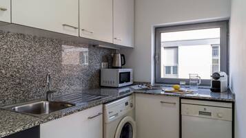 Fridge, microwave, dishwasher