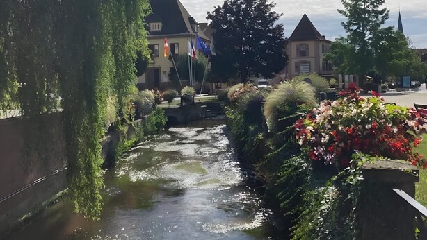 Een rivier met een brug, gebouwen en vlaggen.