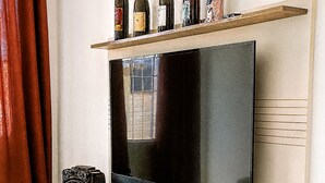 Una sala de estar con un televisor de pantalla plana montado en la pared, una estantería con botellas de vino, una radio antigua y una planta en maceta.