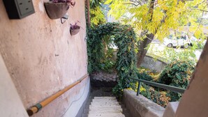 Un escalier en béton avec des rampes en métal, entouré de verdure et bordé d’un mur de pierre.