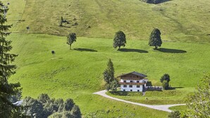 Ein ländliches Haus auf einem grünen Hügel, verbunden durch einen klaren Weg.