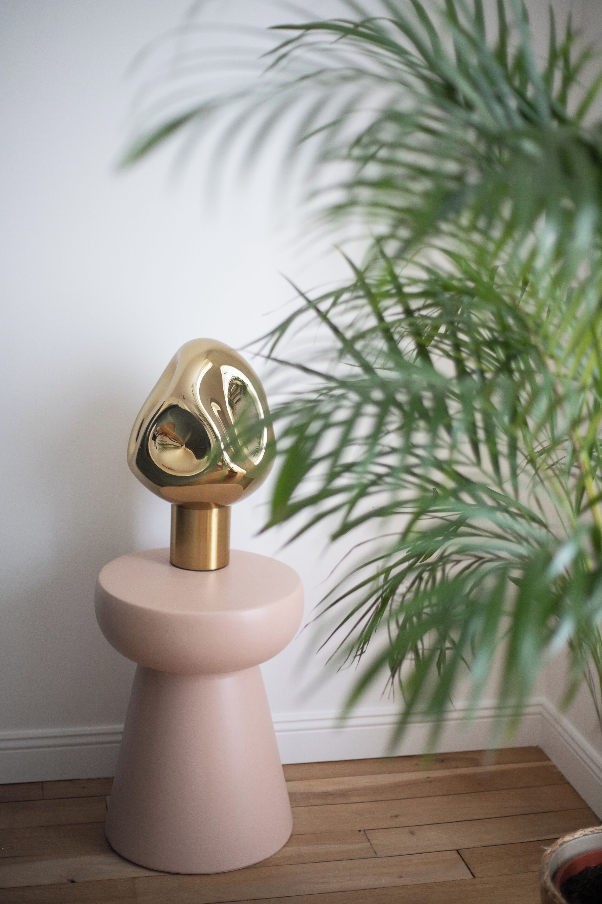 A decorative gold object on a pink pedestal in a room with wooden flooring and a green plant.
