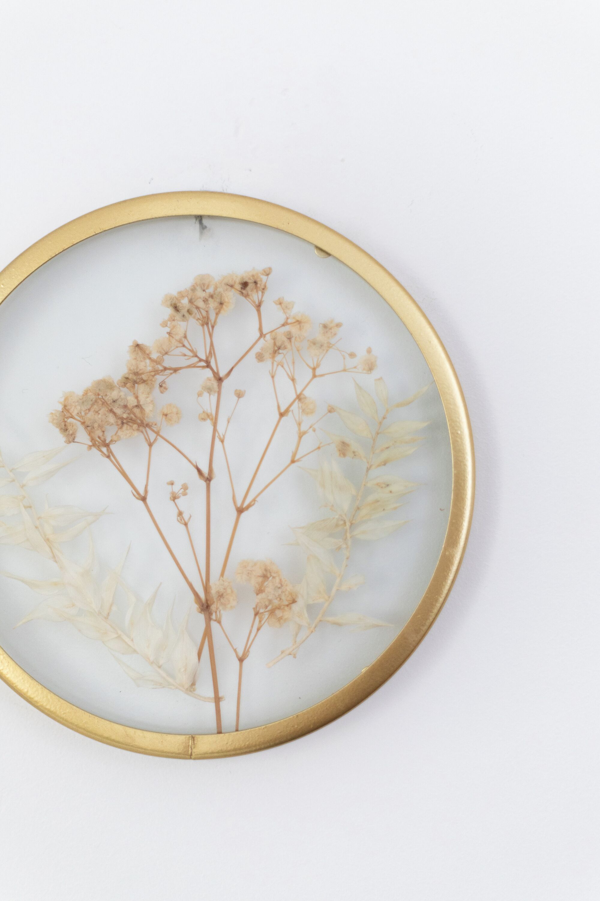 A circular object with a gold rim and a transparent center displaying dried flowers and leaves.