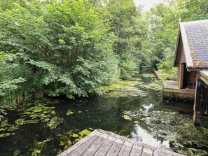 A riverside view with dense foliage and a wooden dock extending into the water. - The Anchorage (Norwich)