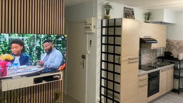 A modern kitchen with a built-in stove, sink, and cabinets. There is a wooden slatted partition and a small potted plant on the counter. - Bagnol Cosy - Cosy apartment for 3 people, 30 min from Avignon (Bagnols-sur-Cèze)