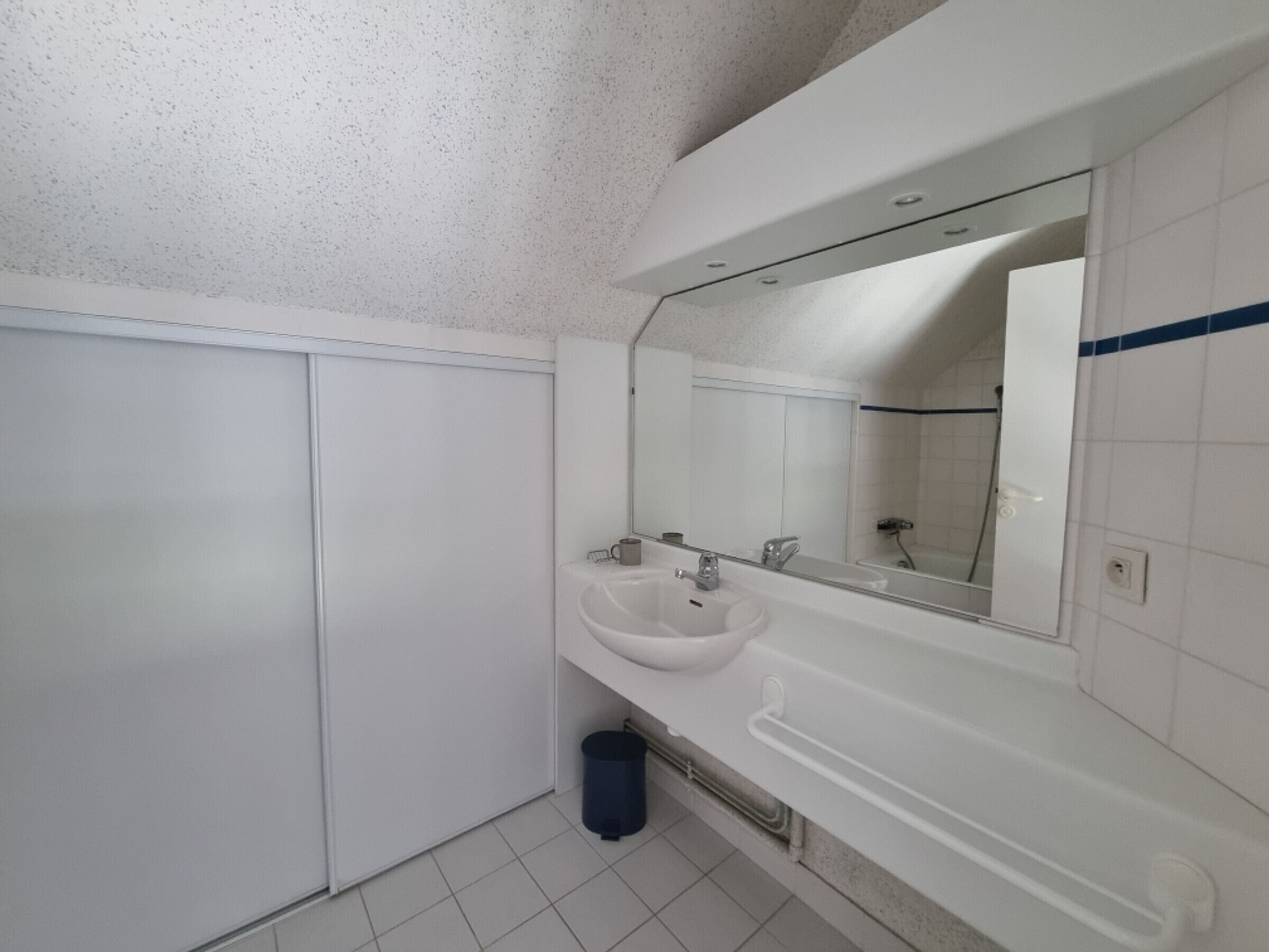 Une salle de bain avec un lavabo blanc, un miroir et un espace douche.