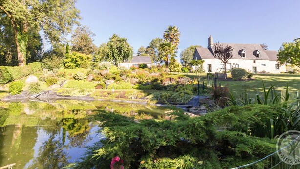 Un jardín sereno con un estanque, abundante follaje y una casa de piedra.