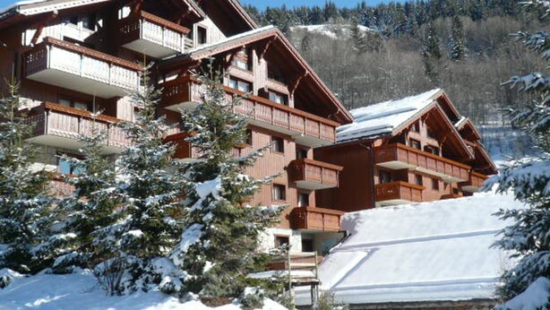 Un chalet de madera de varios pisos con balcones, rodeado de árboles cubiertos de nieve y un paisaje montañoso.