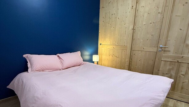 A single bed with a white mattress and pink pillows in a room with a blue wall and wooden wardrobe. - Spacious Duplex Near Center - Pets Allowed (Pralognan-la-Vanoise)