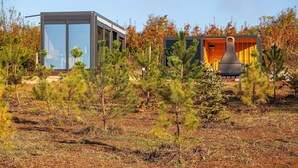 A modern cabin with a glass facade and a wooden structure with a chimney.