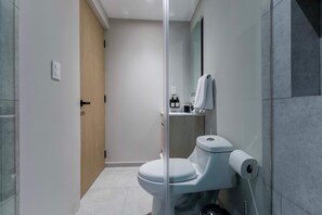 A modern bathroom with a toilet, a glass shower enclosure, and a mirror. - TOP Condesa Loft Chic Studio (Mexico City)
