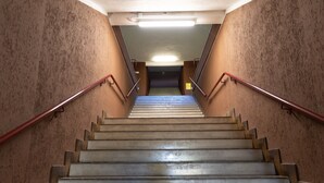 Portaat, joissa on metallikaiteet, ja niiden yläpuolella loisteputkivalaisin.