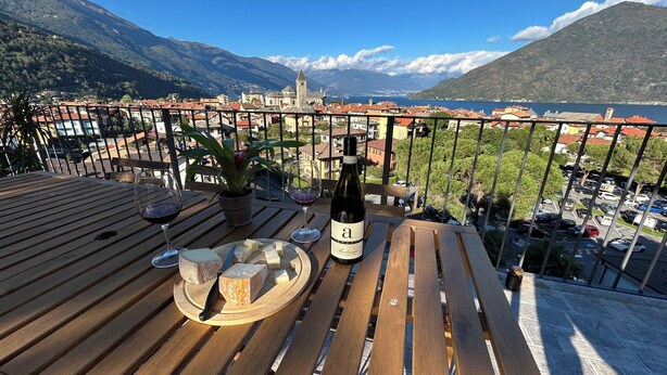 A wooden deck with a table, a bottle of wine, cheese, and a glass of wine.