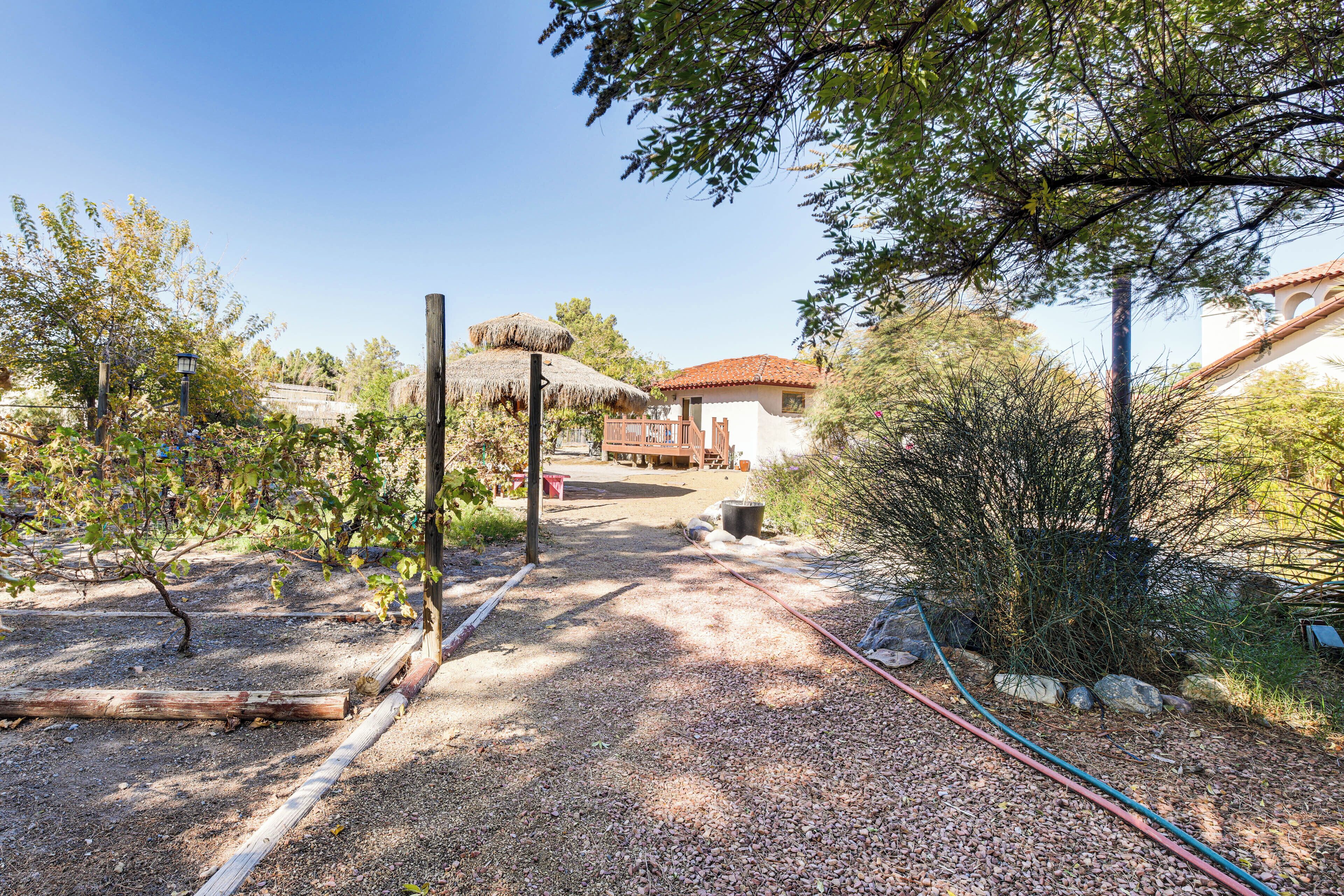 A gravel driveway leading to a house with a thatched roof and a wooden deck.