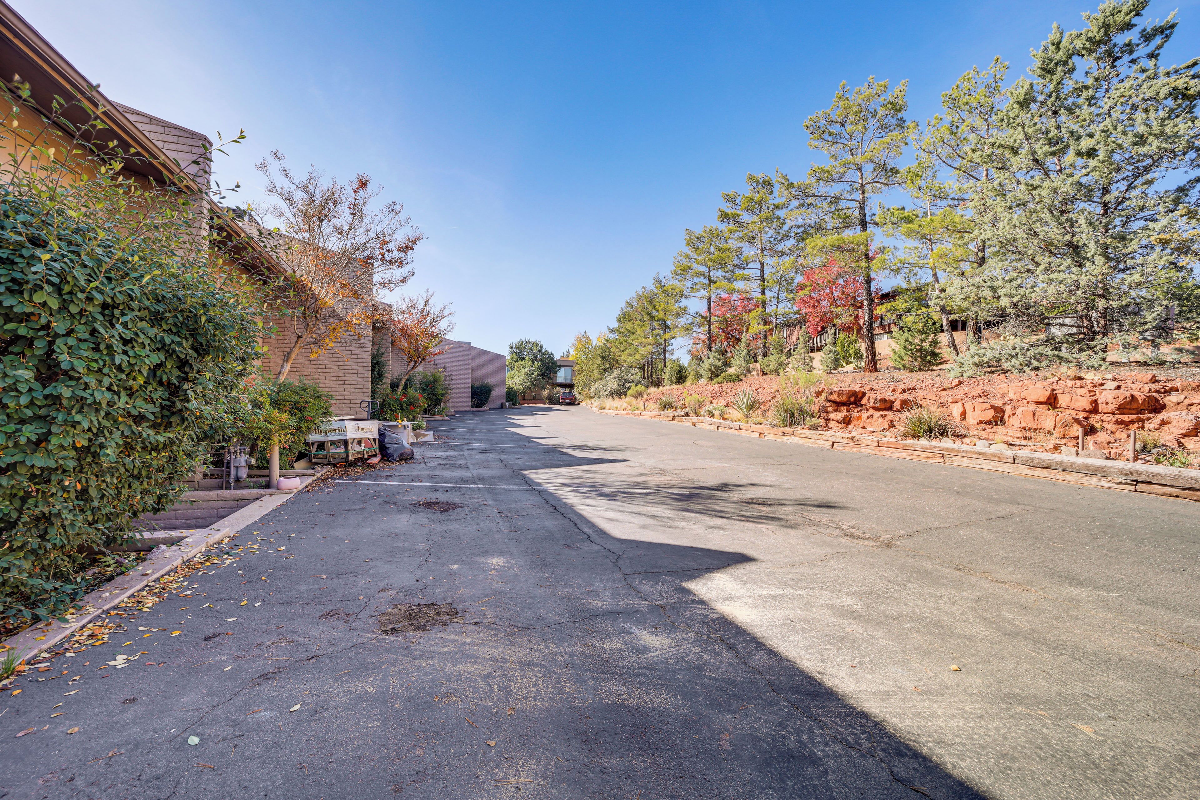 A street with a brick building, trees, and a clear sky.