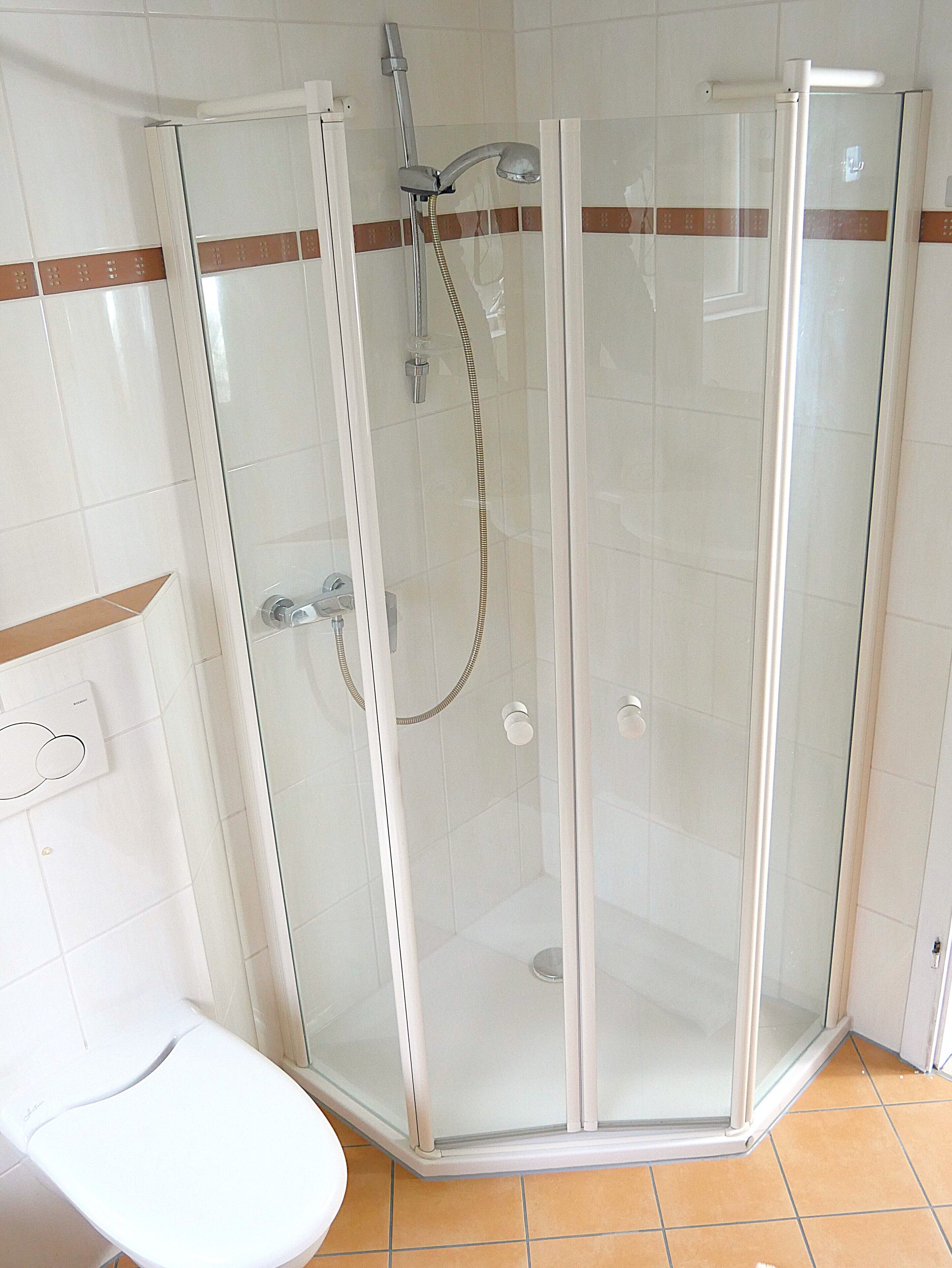 Une cabine de douche fermée par des parois en verre, équipée d’un pommeau de douche à main et d’un flexible de douche à main.