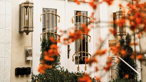 A building with a white facade, numbered 10, featuring a large entrance with double doors, two windows, and a small balcony. - Villa Hedwig - Schwarzwald (Badenweiler)
