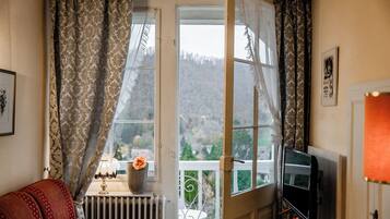 Appartement, balcon, vue jardin | Coin séjour | Écrans d'ordinateur