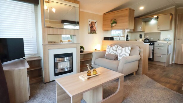 Een knus woongedeelte met een bank, een salontafel, een open haard, een televisie en een kitchenette.