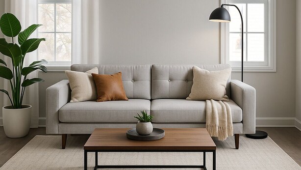 Ein Wohnzimmer mit grauem Sofa, einem Holztisch, einer Stehlampe und einer großen Kühlpflanze.