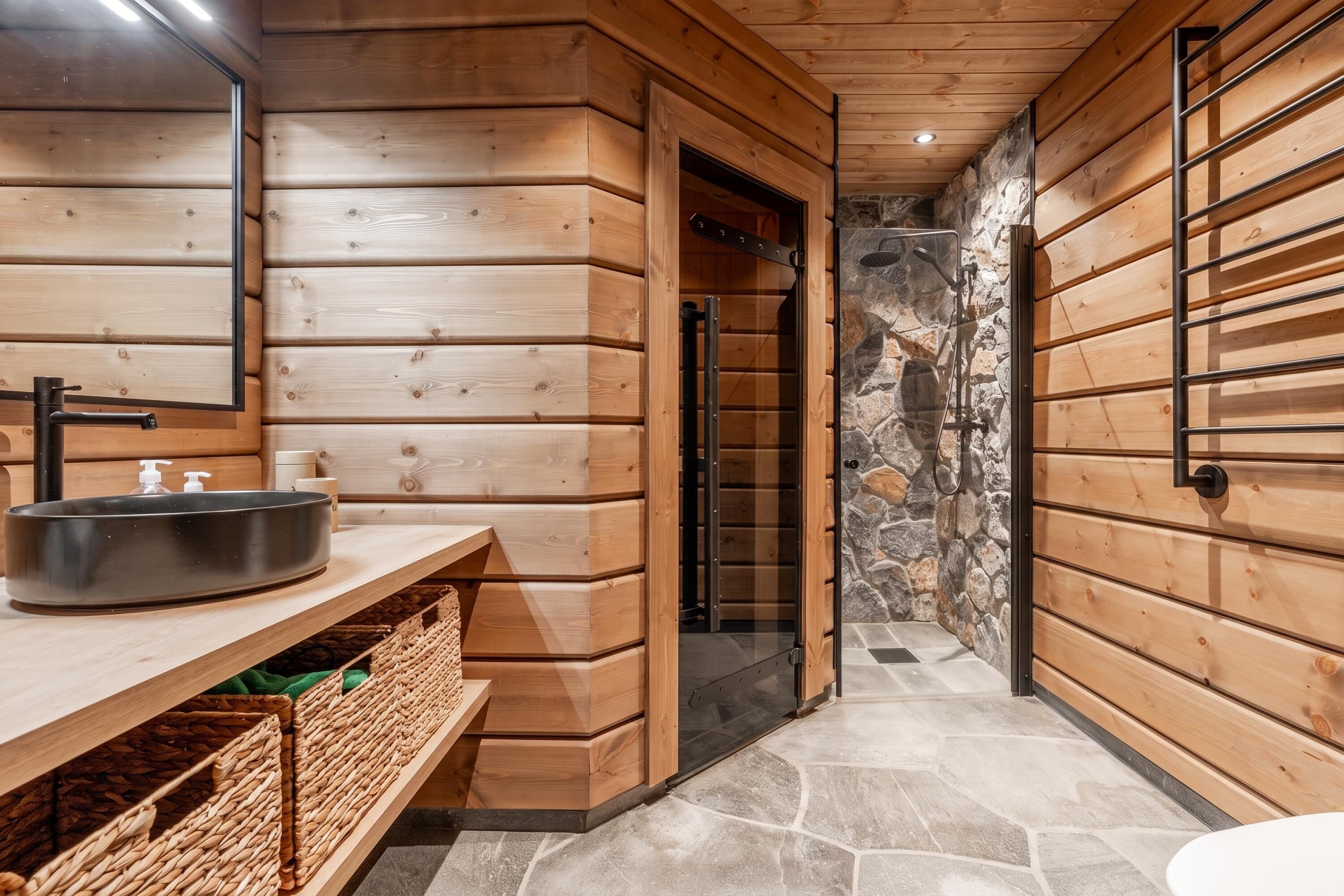 A wooden cabin interior with a stone wall, a sink, and a mirror.
