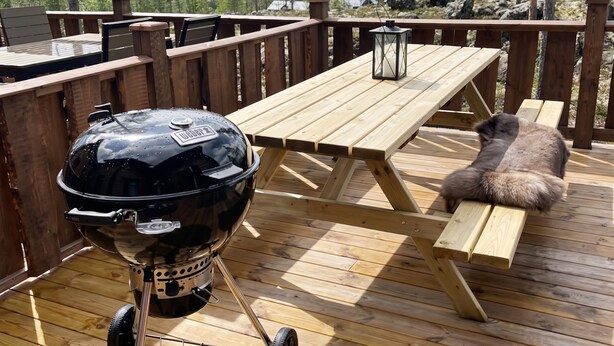 Une terrasse en bois avec un barbecue et une table de pique-nique, offrant une vue sur un paysage boisé.