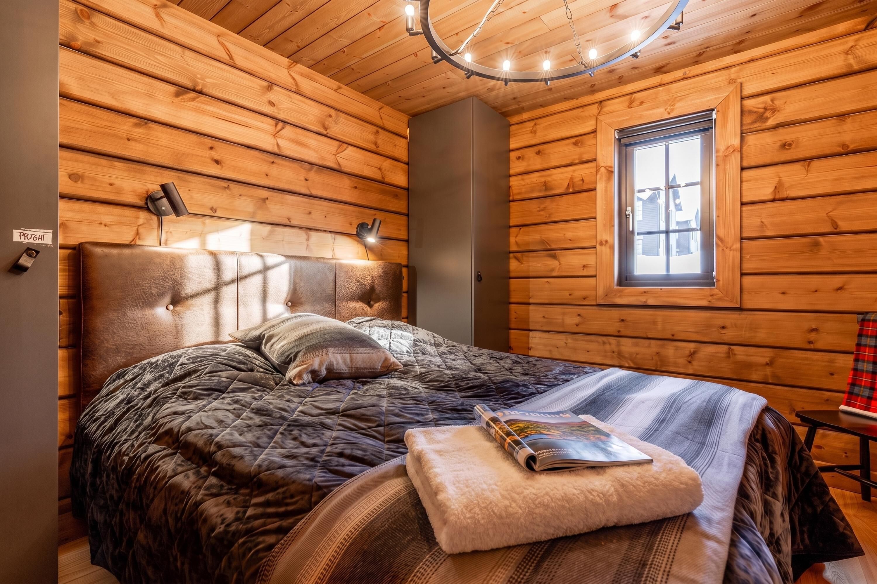 A cozy log cabin bedroom with a bed, a window, and a ceiling light fixture.
