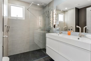 Shower, hair dryer, towels
