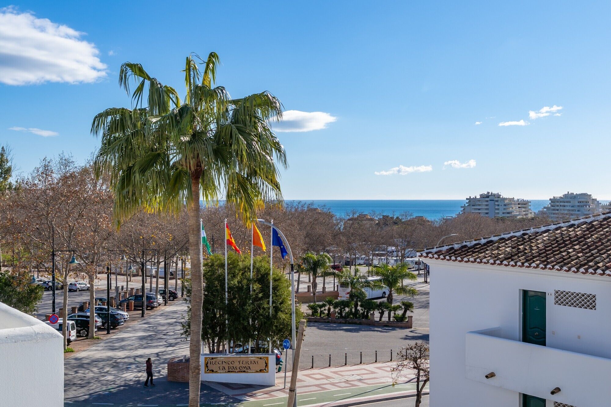 A coastal view with palm trees, a clear sky, and a building with a tiled roof.