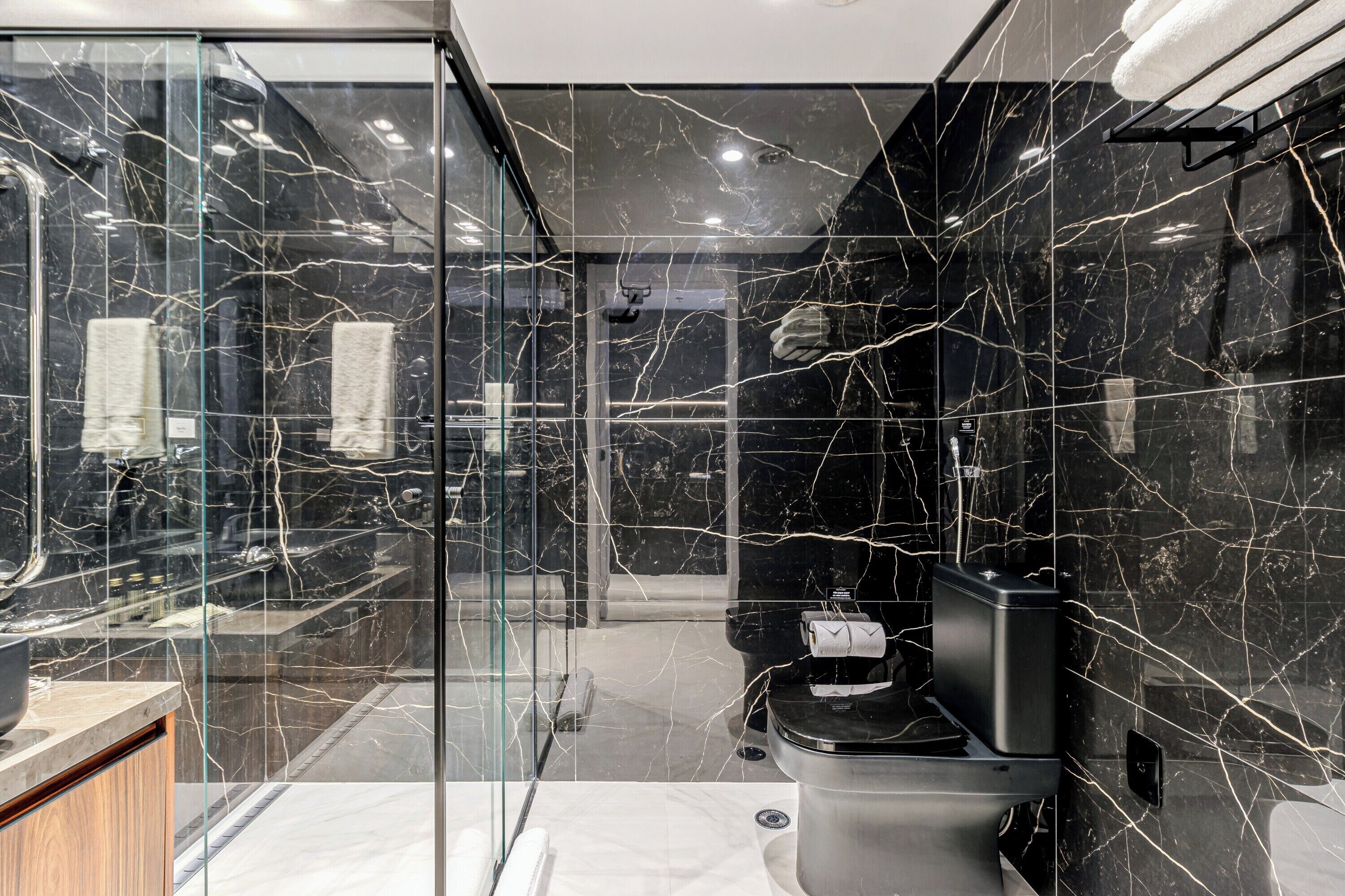Une salle de bain moderne avec une cloison en verre, un mur en marbre noir et des toilettes apparentes.