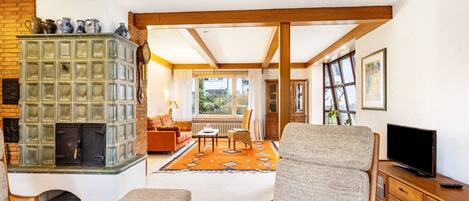 Tv, eldstad och en stereo