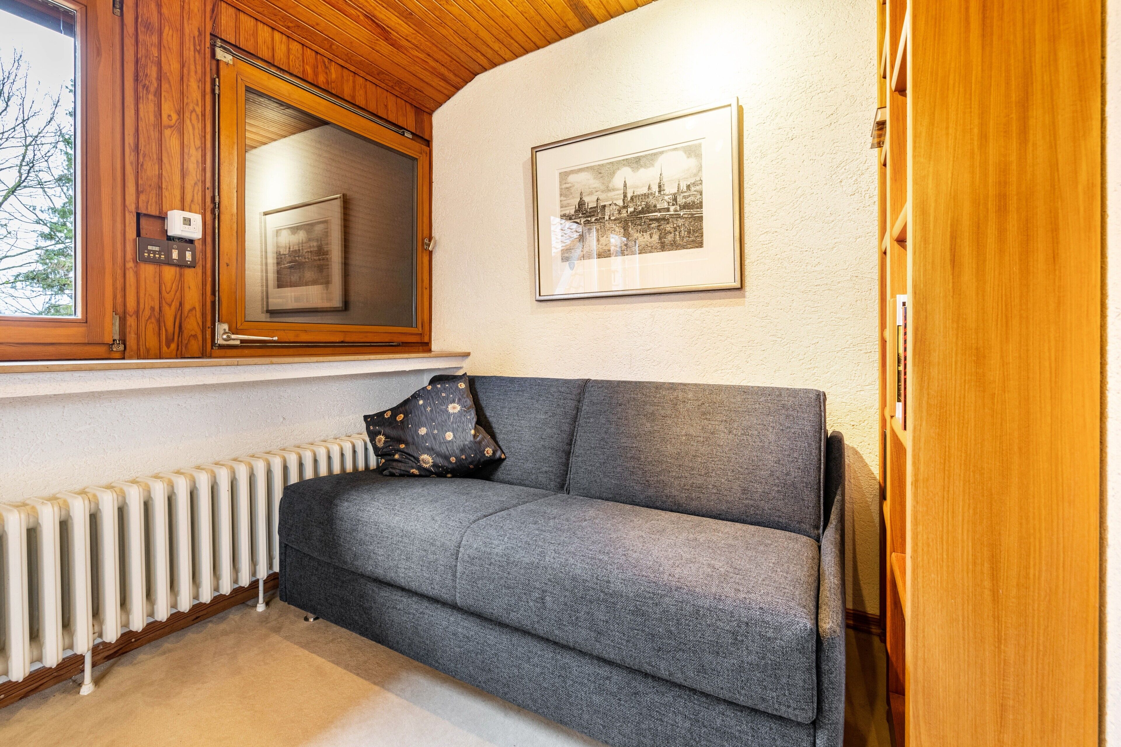 A room with a grey sofa, a framed picture on the wall, a window with a view, and a wooden cabinet.