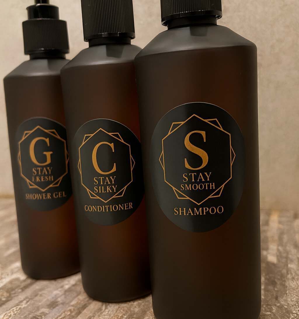 Shower, hair dryer, towels, shampoo