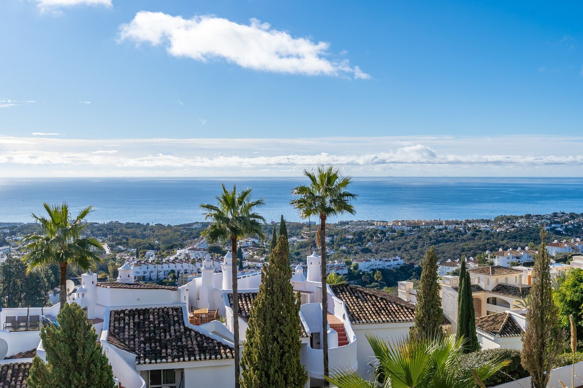 Un pueblo costero con edificios blancos, palmeras y vista al mar.