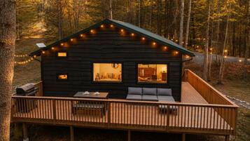 A cabin with a deck, a grill, and a sofa.