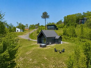 Ein modernes Haus mit dunklem Dach, umgeben von üppigem Grün und blauem Himmel.