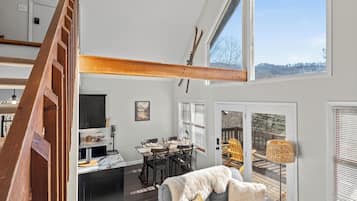 Smart TV, fireplace, books