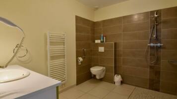 Une salle de bain avec un lavabo, des toilettes et une douche.