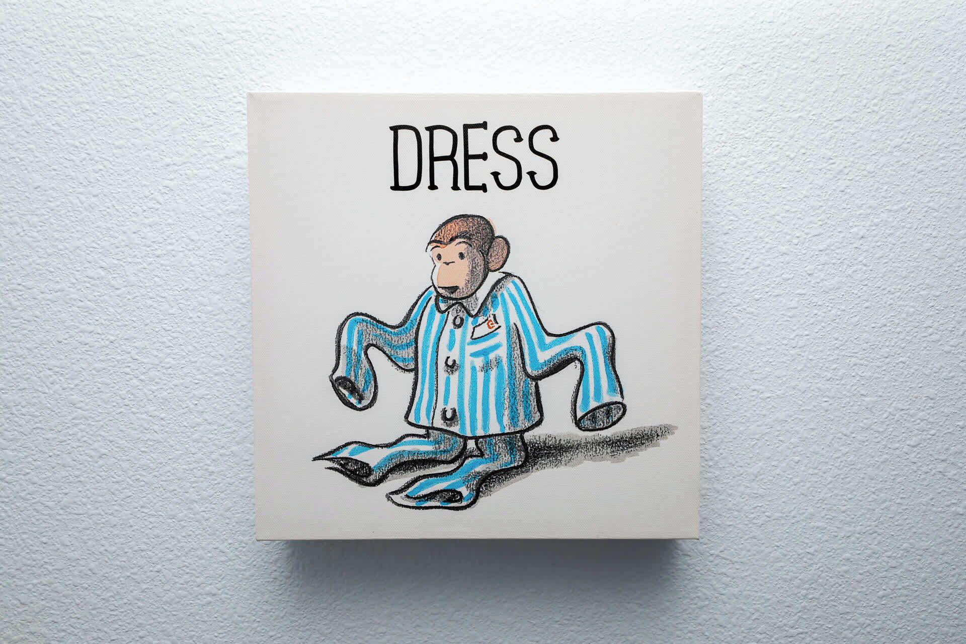 A drawing of a person in a striped suit with the word "DRESS" above.