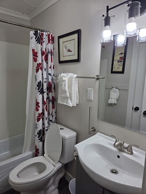 A bathroom with a toilet, sink, and shower curtain. - Charming 1-bedroom building with AC in Springfield (Springfield)