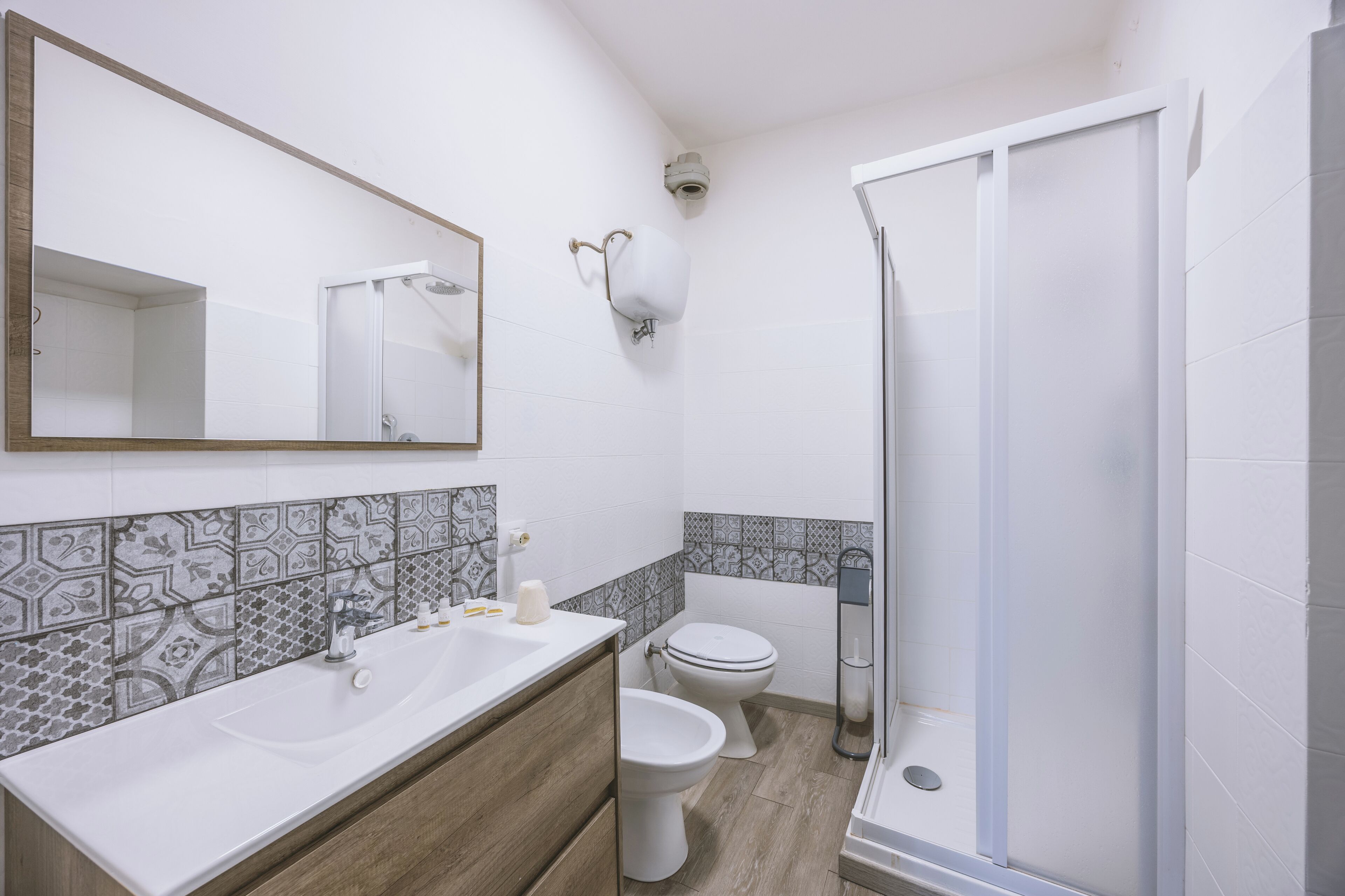Regadera, bidet, toallas, jabón 