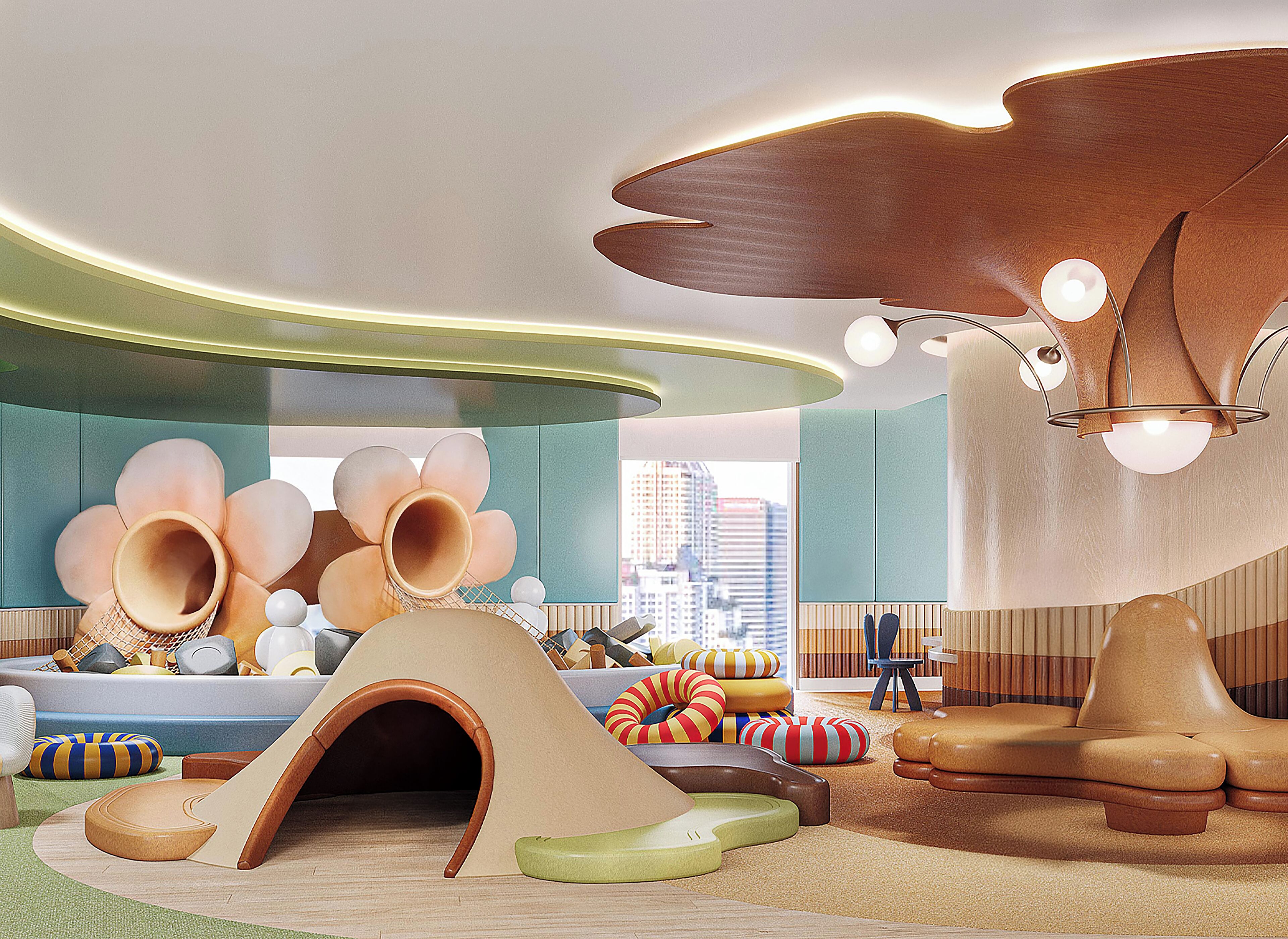 Una sala de estar moderna con un diseño arquitectónico único, que incluye una gran escultura de madera, un área de juegos con un túnel y vistas de la ciudad a través de amplios ventanales.