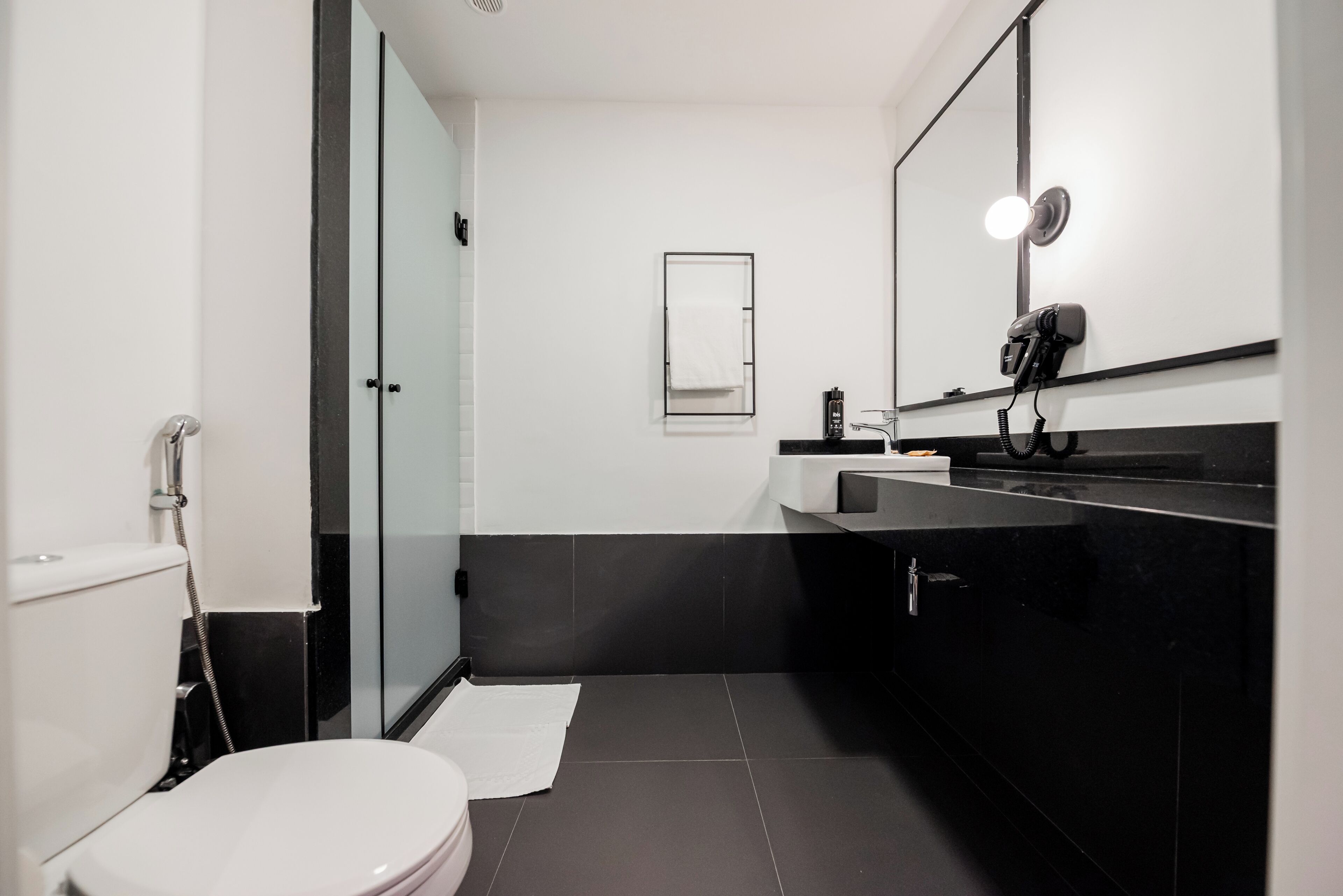 A modern bathroom with a toilet, a glass shower enclosure, a sink with a mirror, and a hairdryer on the counter.