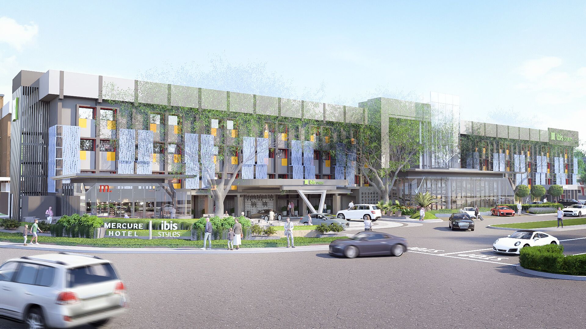 A modern hotel with a glass facade, outdoor seating, and a Mercedes-Benz logo.